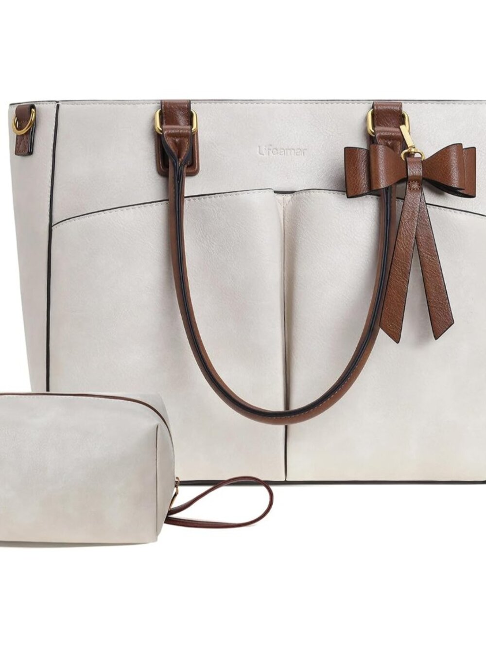 Laptop Tote Bag for Women, Leather Work Tote Bags with Large Cup Holder, Teacher